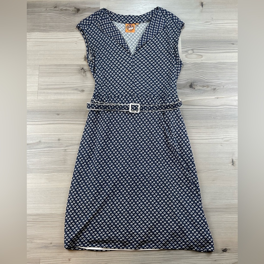 Tory Burch Size Navy Blue White Geometric Print Designer Belted Dress Size M
